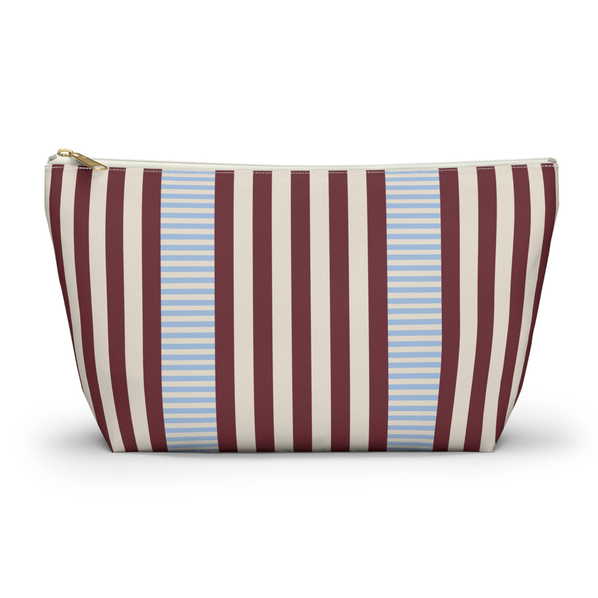 Burgundy blue pinstripe makeup bag with T-bottom and gold zipper pull, front view