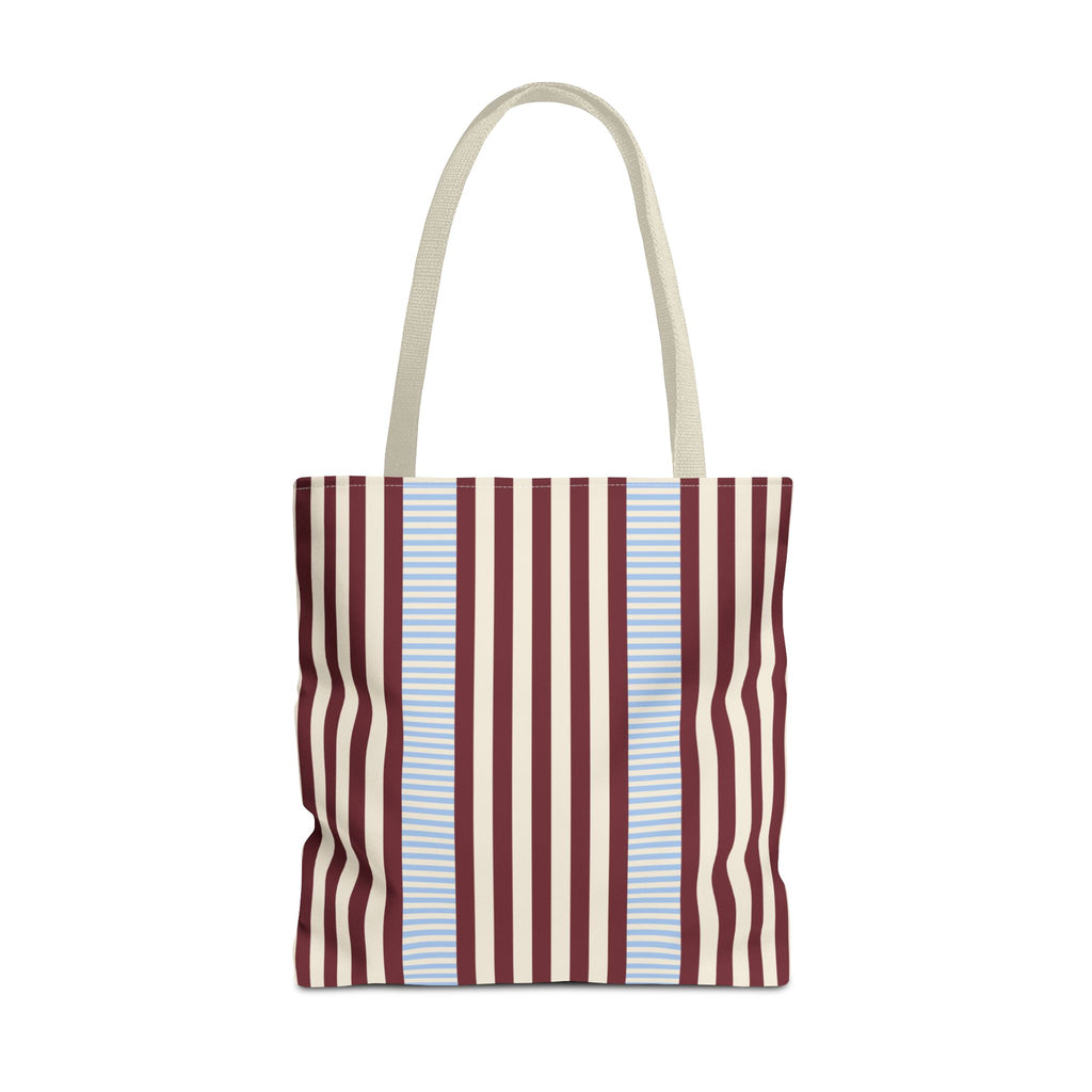 Burgundy blue pinstripe tote bag with beige handles, front view on white background