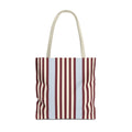 Burgundy blue pinstripe tote bag with beige handles, front view on white background