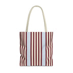 Burgundy blue pinstripe tote bag with beige handles, front view on white background