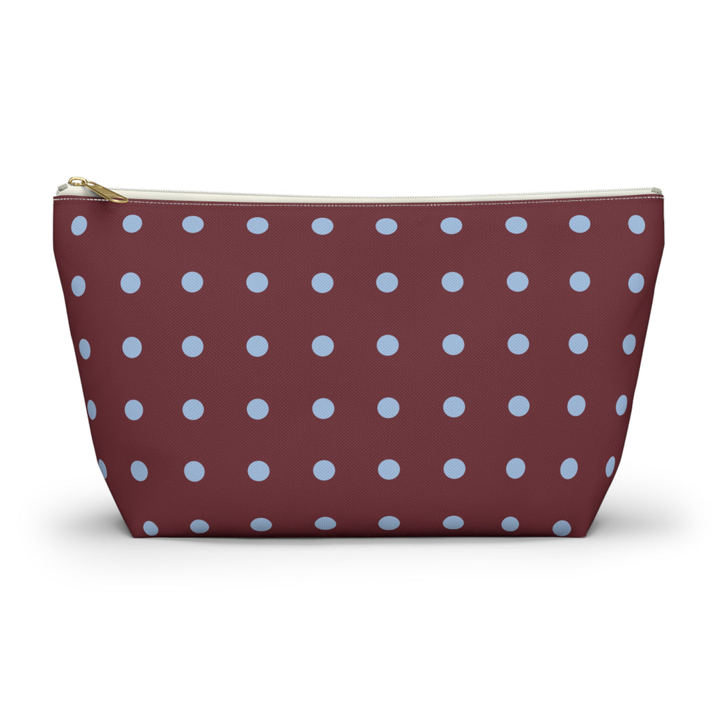 Burgundy Blue Polka Dot Makeup Bag with light blue dots on deep burgundy, front view