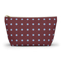 Burgundy Blue Polka Dot Makeup Bag with light blue dots on deep burgundy, front view