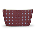 Burgundy Blue Polka Dot Makeup Bag with light blue dots on deep burgundy, front view
