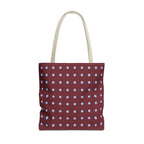 Burgundy Blue Polka Dot Tote Bag with light blue dots on a deep burgundy background, front view