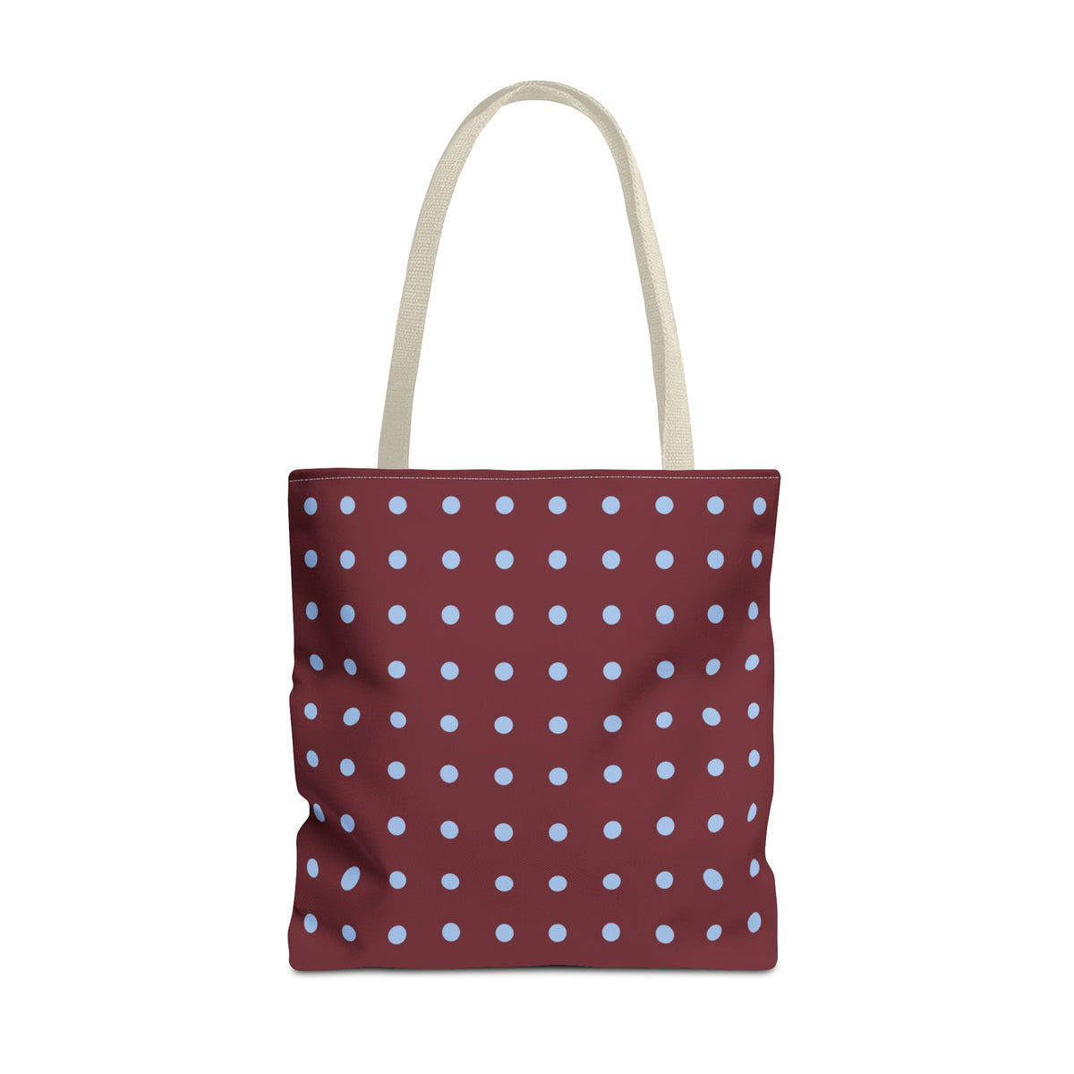 Burgundy Blue Polka Dot Tote Bag with light blue dots on a deep burgundy background, front view