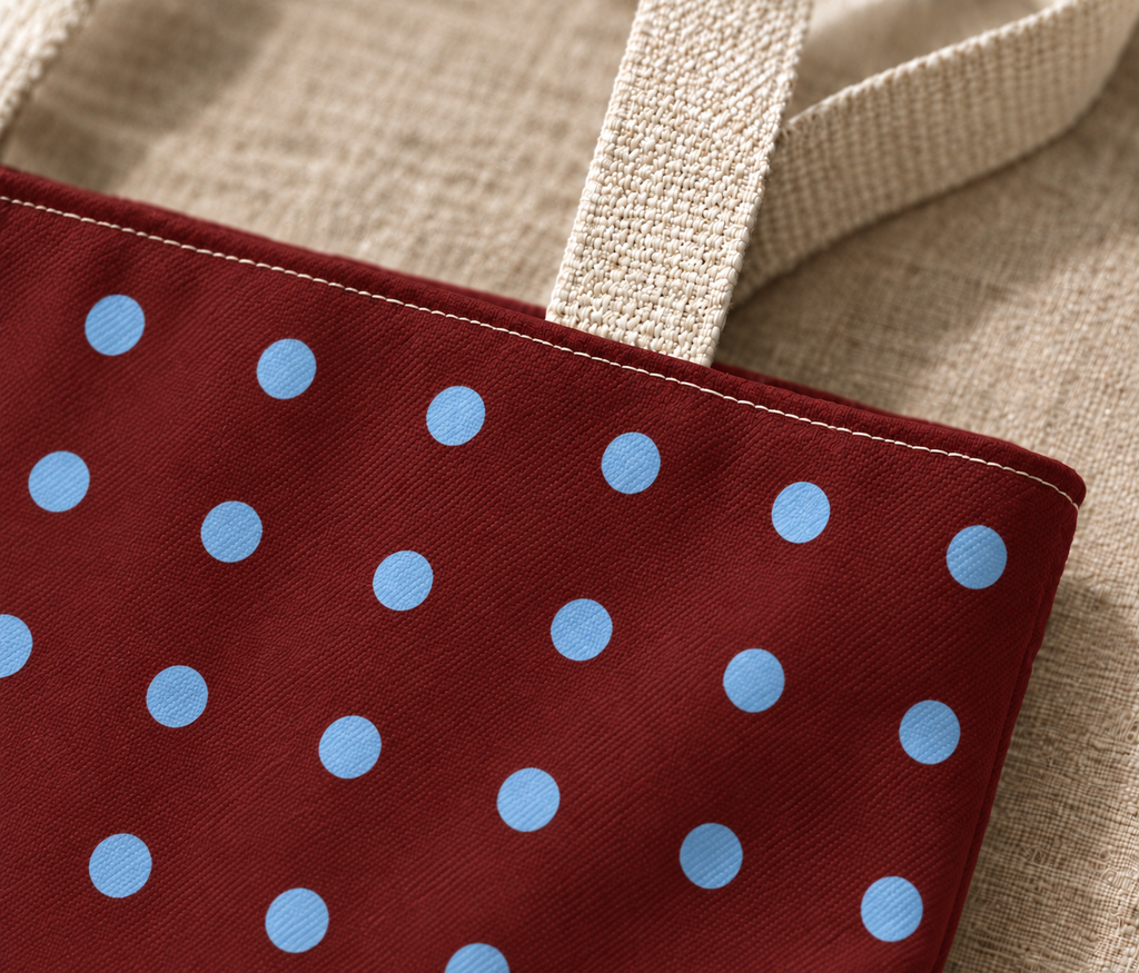 Close-up of the light blue polka dots, stitching and cream handle of the burgundy tote bag