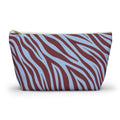 Burgundy Blue Zebra Print Makeup Bag with burgundy stripes on sky blue, front view