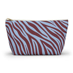 Burgundy Blue Zebra Print Makeup Bag with burgundy stripes on sky blue, front view
