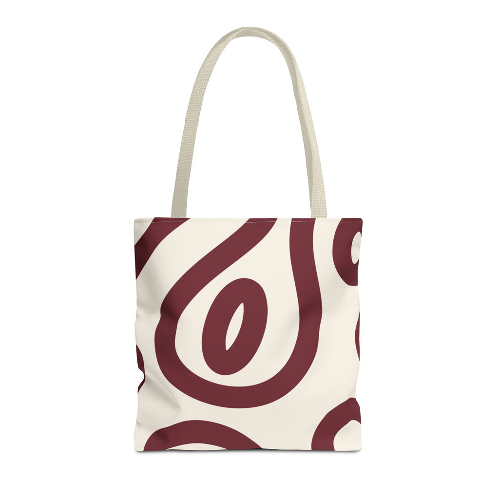 Burgundy cream abstract tote bag with beige handles on a white background