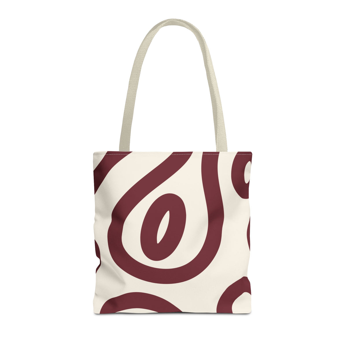 Burgundy cream abstract tote bag with beige handles on a white background