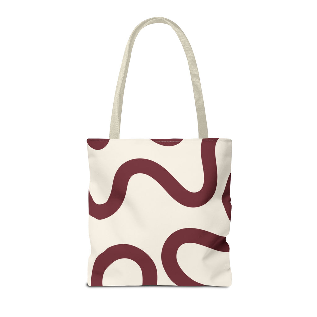 Second view of the burgundy cream abstract tote bag showing the wavy line print