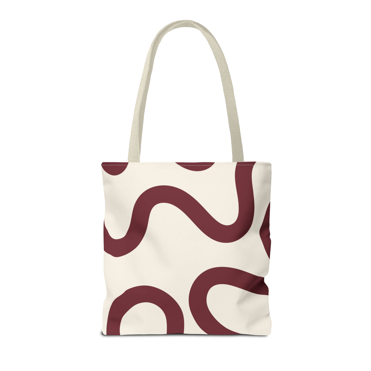 Second view of the burgundy cream abstract tote bag showing the wavy line print