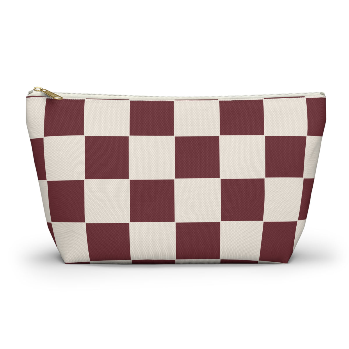 Burgundy cream checkered makeup bag with T-bottom shape seen from the front