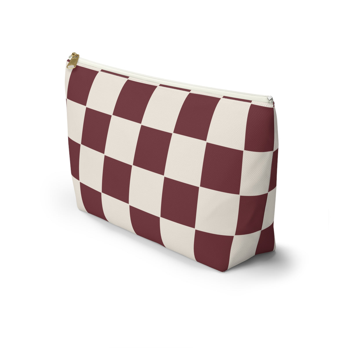 Side view of the burgundy cream checkered makeup bag