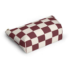 Burgundy cream checkered makeup bag lying flat at an angle