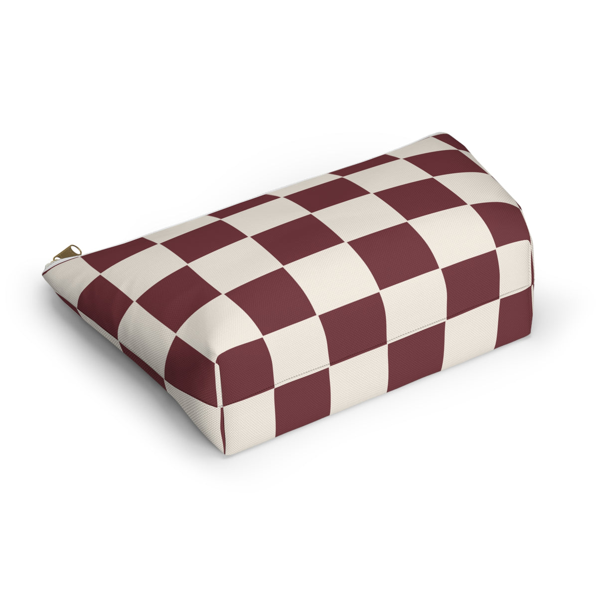 Burgundy cream checkered makeup bag lying flat at an angle
