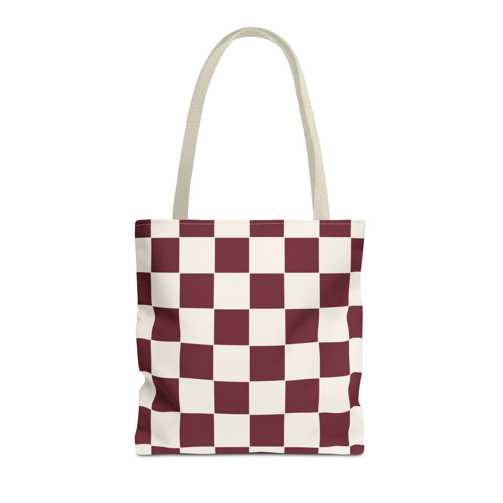 Burgundy cream checkered tote bag with beige handles on a white background