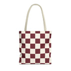 Burgundy cream checkered tote bag with beige handles on a white background