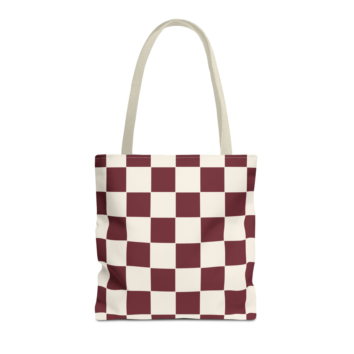 Burgundy cream checkered tote bag with beige handles on a white background