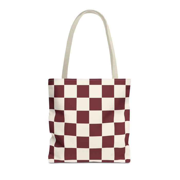 Burgundy Cream Checkered Tote Bag