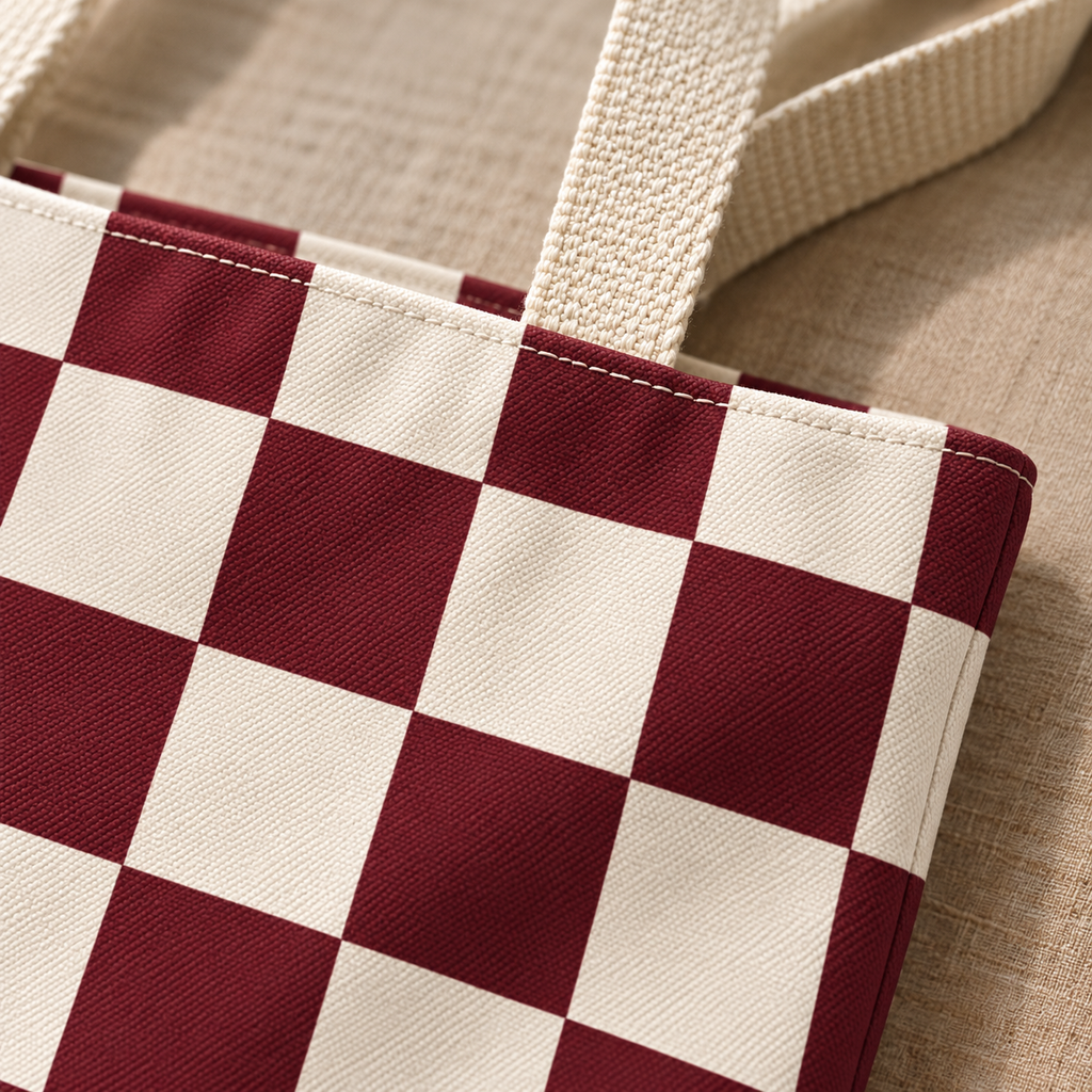 Close-up of the burgundy and cream checkerboard print and beige handle of the tote bag
