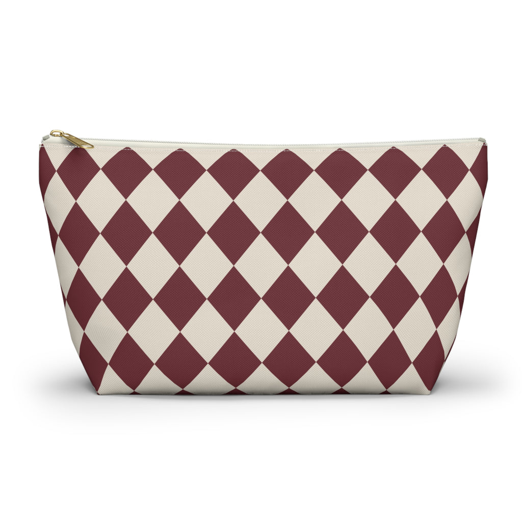Burgundy Cream Diamond Checkered Makeup Bag with gold zipper, front packshot