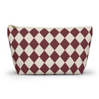 Burgundy Cream Diamond Checkered Makeup Bag with gold zipper, front packshot