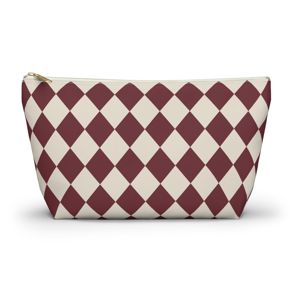 Burgundy Cream Diamond Checkered Makeup Bag with gold zipper, front packshot