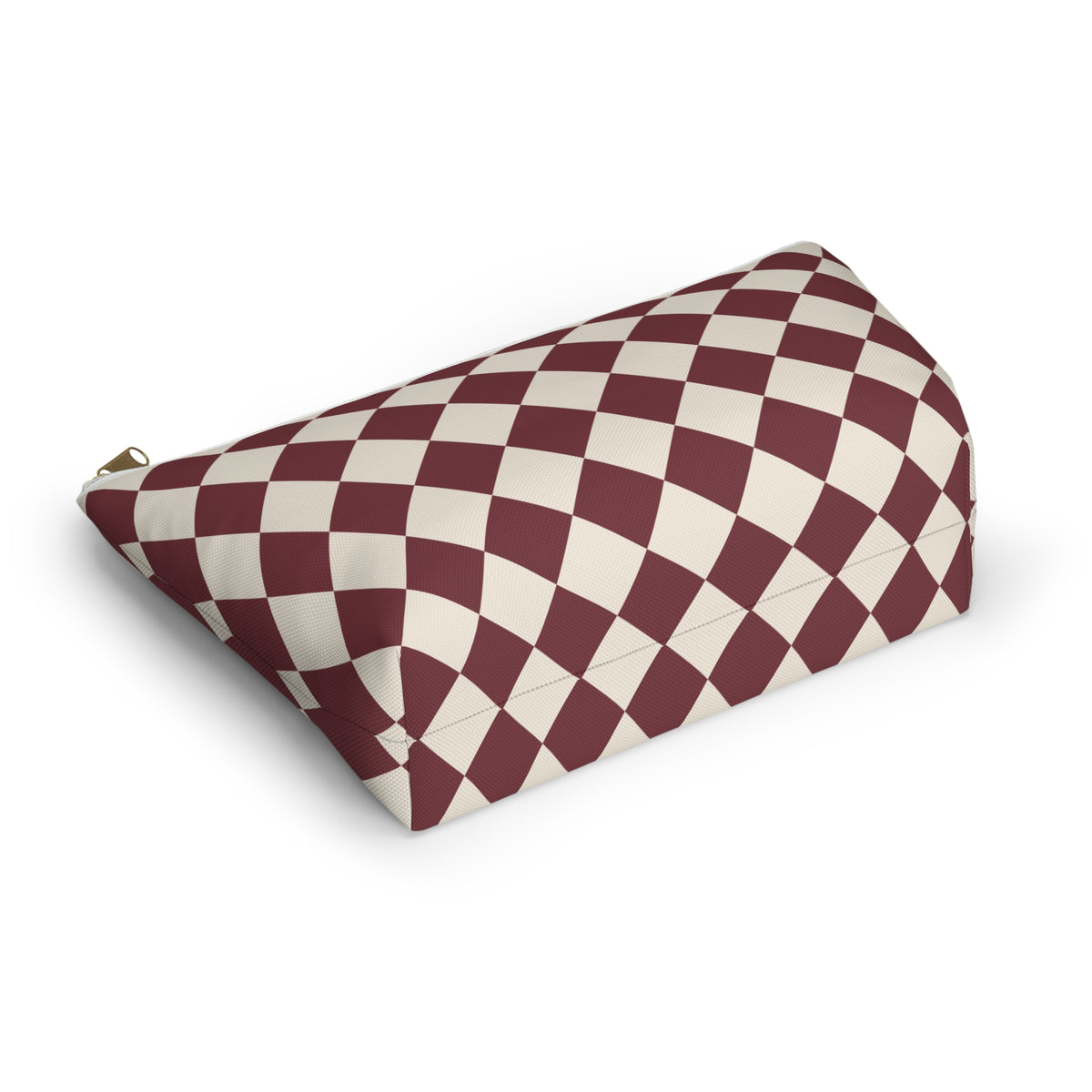 Burgundy diamond checkered makeup bag lying flat showing the T-bottom shape