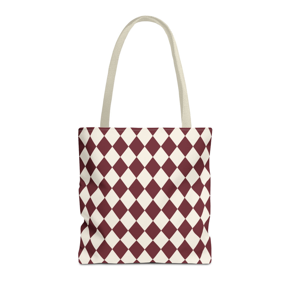Burgundy Cream Diamond Checkered Tote Bag with cream handles, front packshot