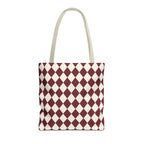 Burgundy Cream Diamond Checkered Tote Bag with cream handles, front packshot