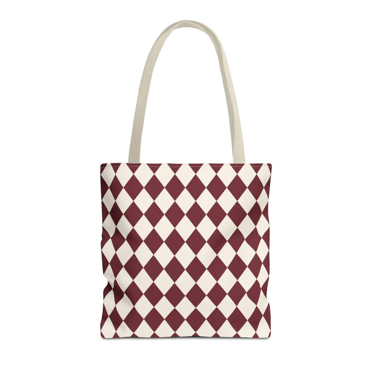 Burgundy Cream Diamond Checkered Tote Bag with cream handles, front packshot