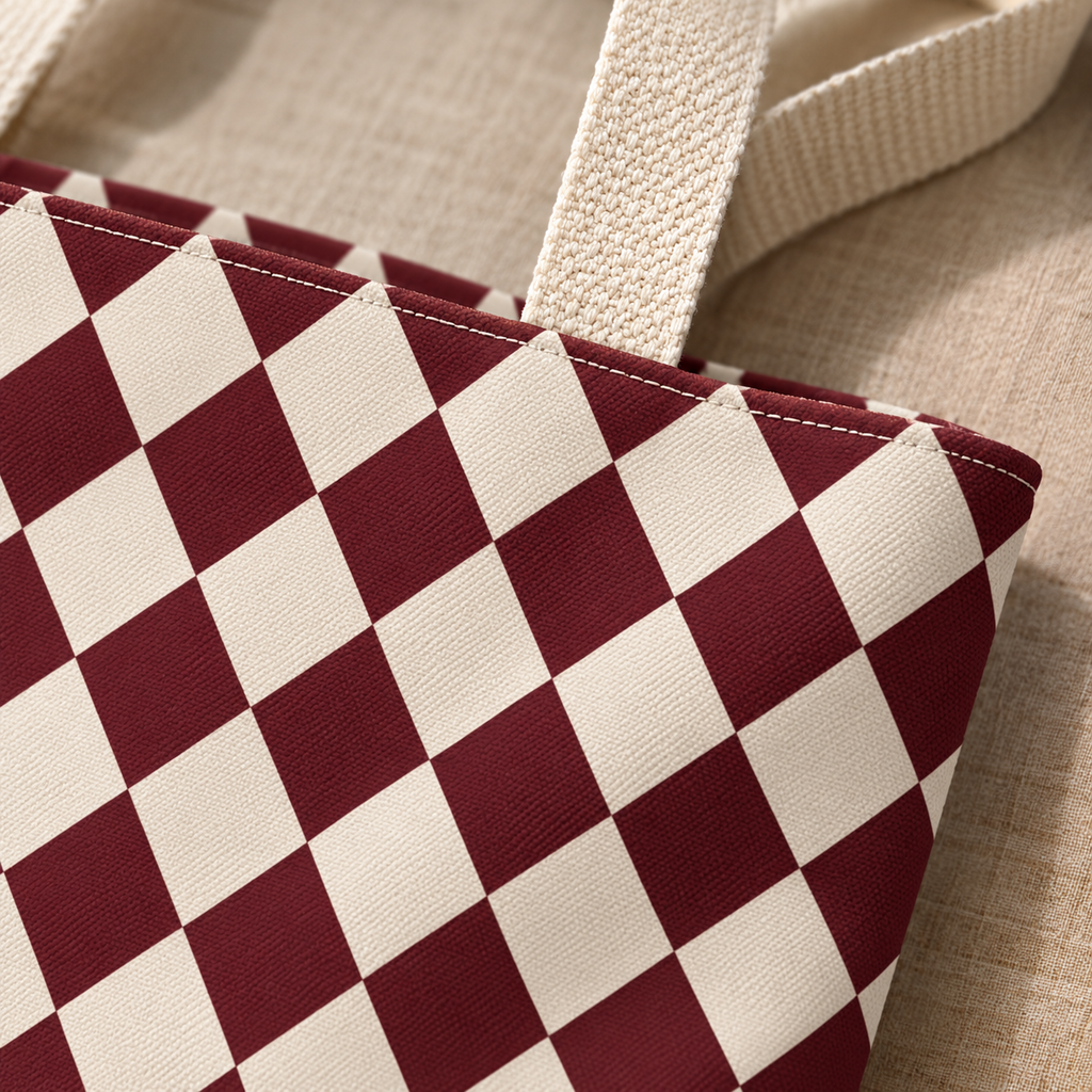 Close-up of burgundy and cream diamonds and the tote bag handle
