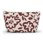 Burgundy cream floral makeup bag with T-bottom shape seen from the front