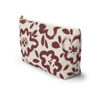 Side view of the burgundy cream floral makeup bag