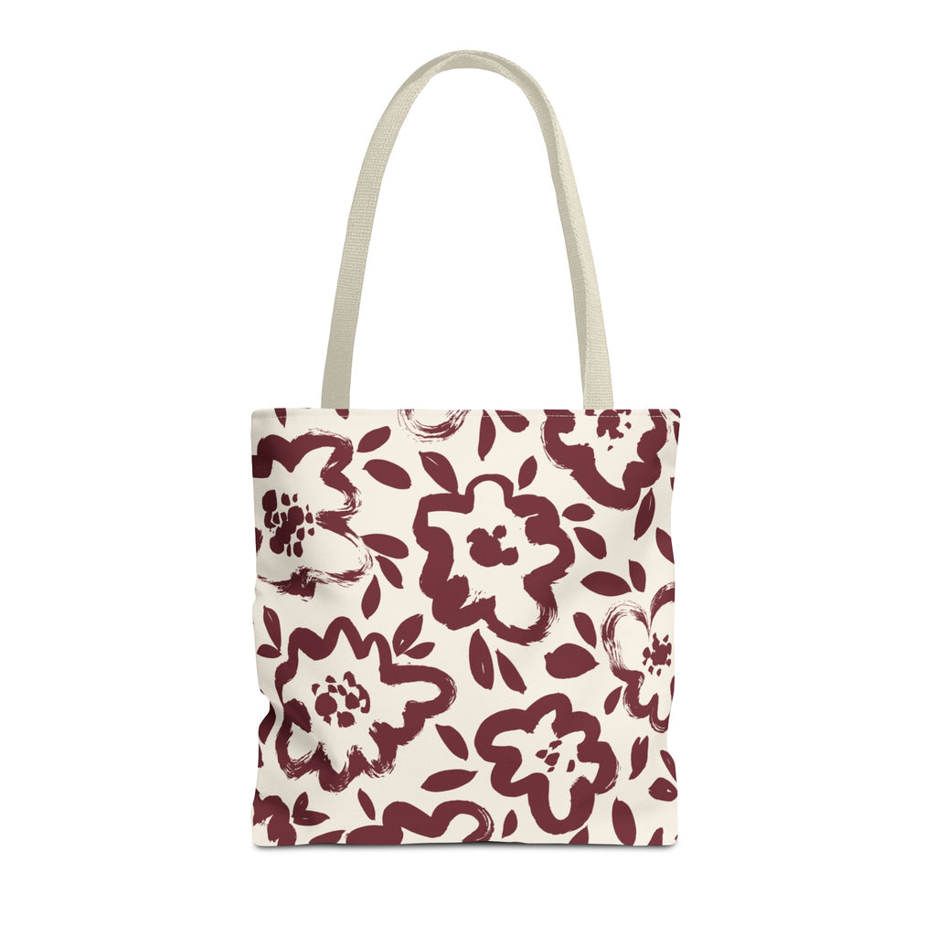 Burgundy cream floral tote bag with beige handles on a white background