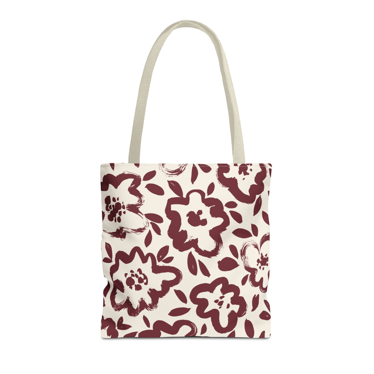 Burgundy cream floral tote bag with beige handles on a white background