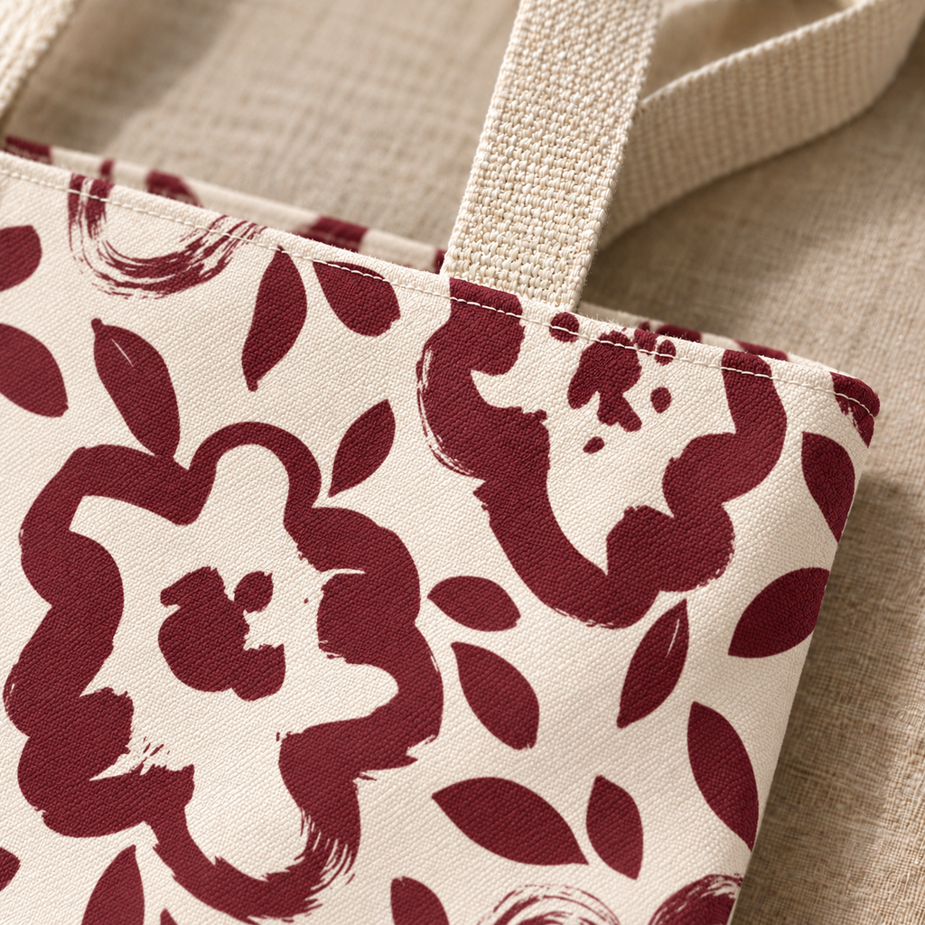 Close-up of the burgundy flower print and beige handle of the floral tote bag