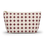 Burgundy Cream Geometric makeup bag with T-bottom and gold zipper pull, front view