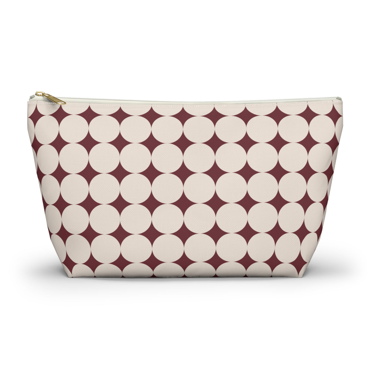 Burgundy Cream Geometric makeup bag with T-bottom and gold zipper pull, front view
