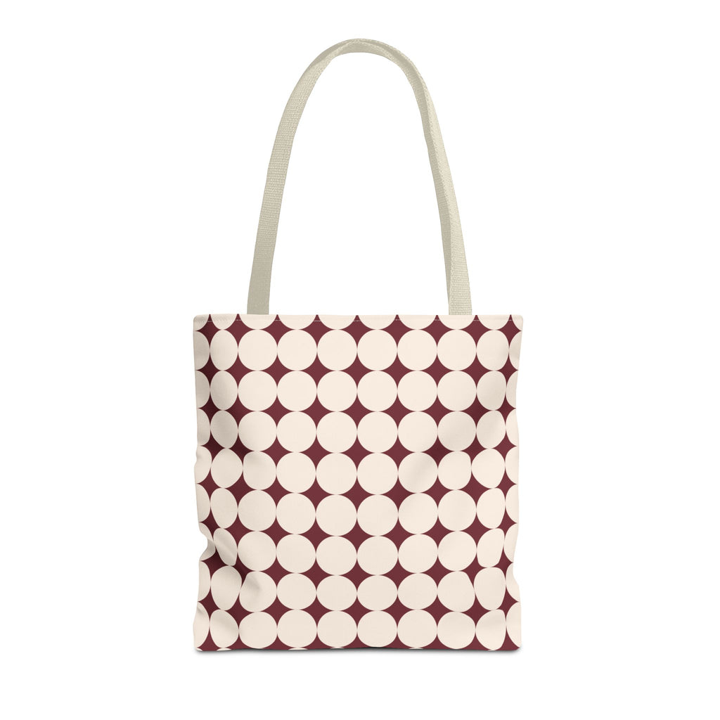 Burgundy Cream Geometric tote bag with cream handles, front view on white