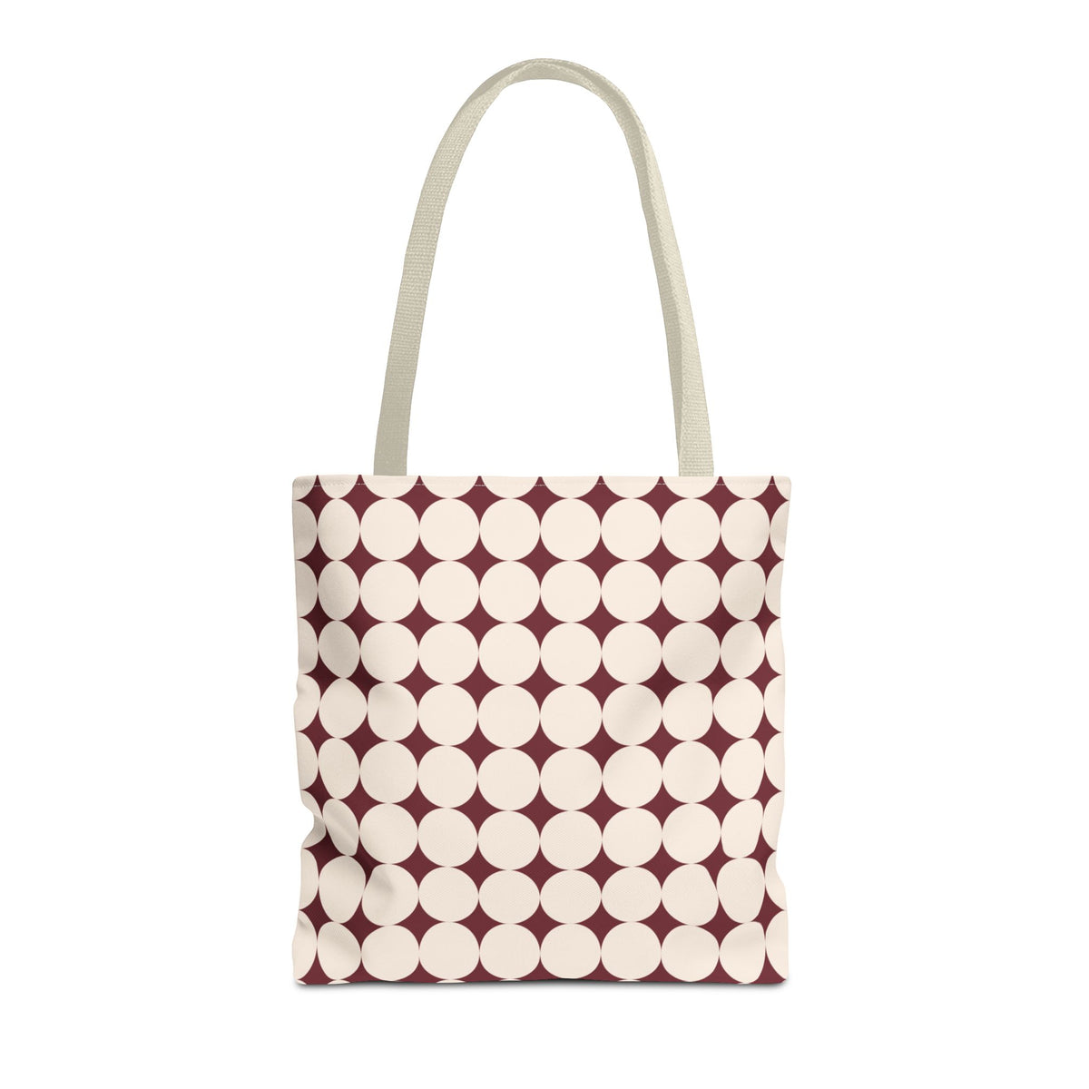 Burgundy Cream Geometric tote bag with cream handles, front view on white