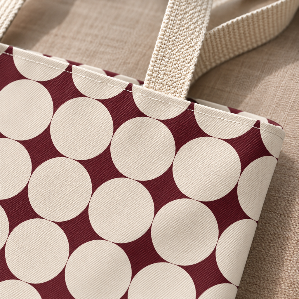 Close-up of the cream circle and burgundy diamond print and handle of the geometric tote bag