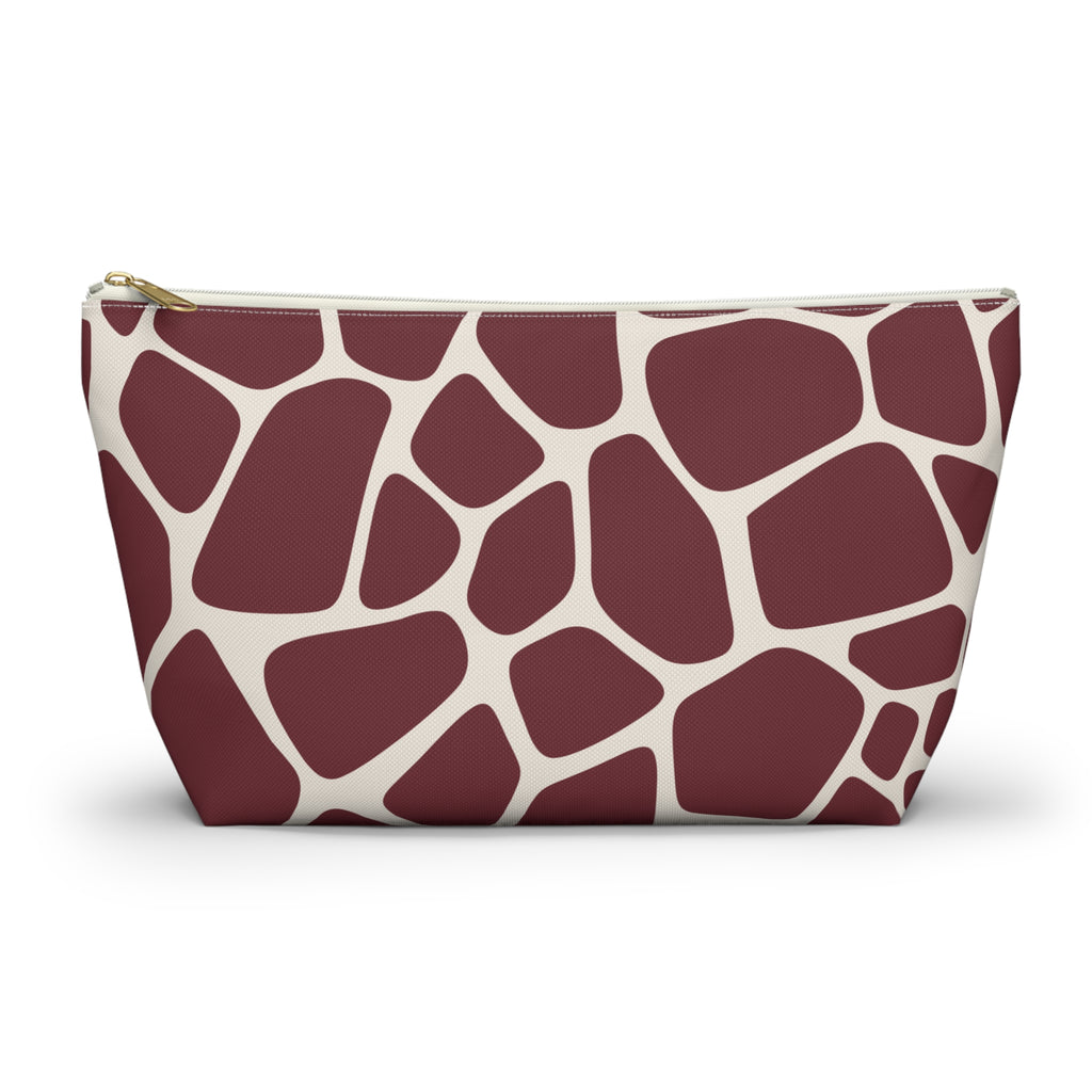Burgundy Cream Giraffe Print Makeup Bag with gold zipper, front packshot