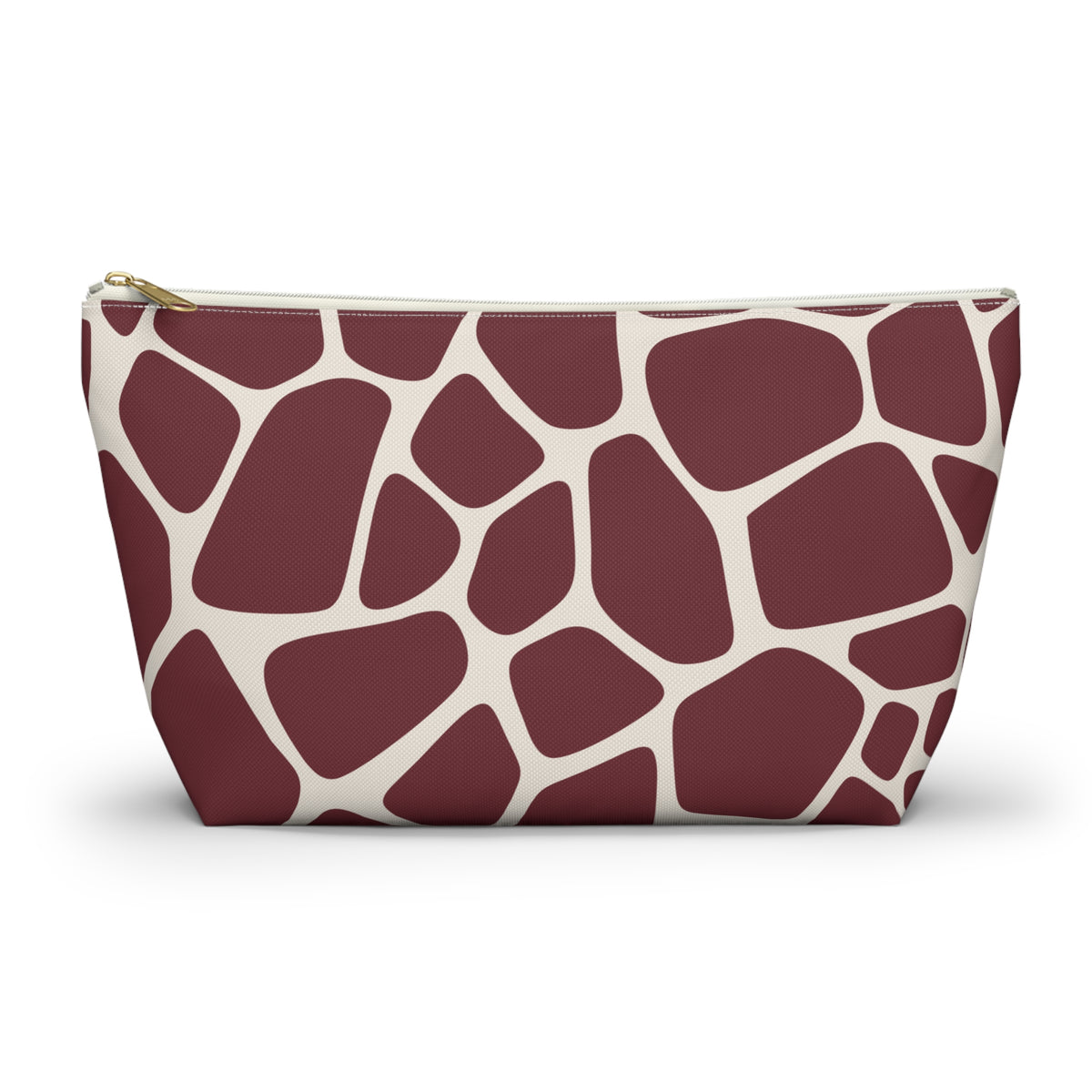 Burgundy Cream Giraffe Print Makeup Bag with gold zipper, front packshot