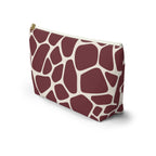 Side view of the burgundy giraffe print makeup bag with cream lines