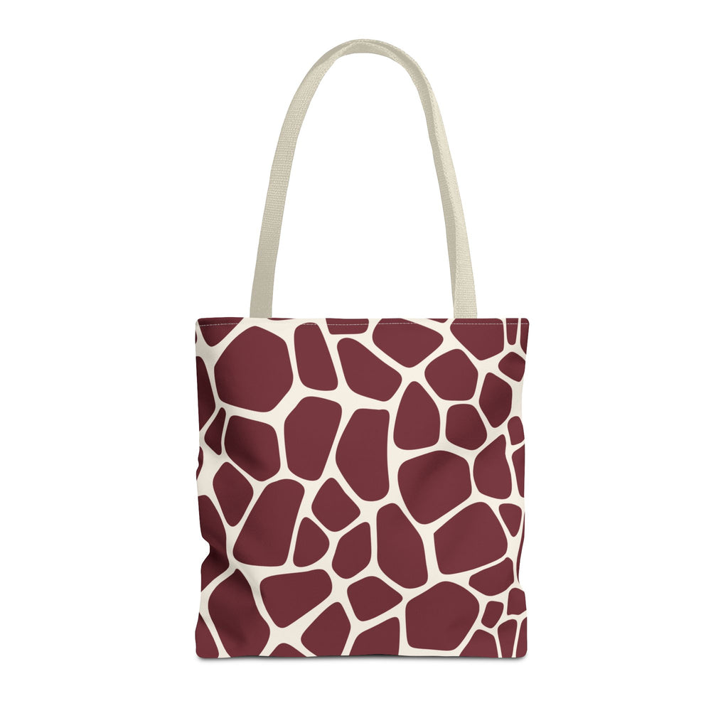 Burgundy Cream Giraffe Print Tote Bag with cream handles, front packshot