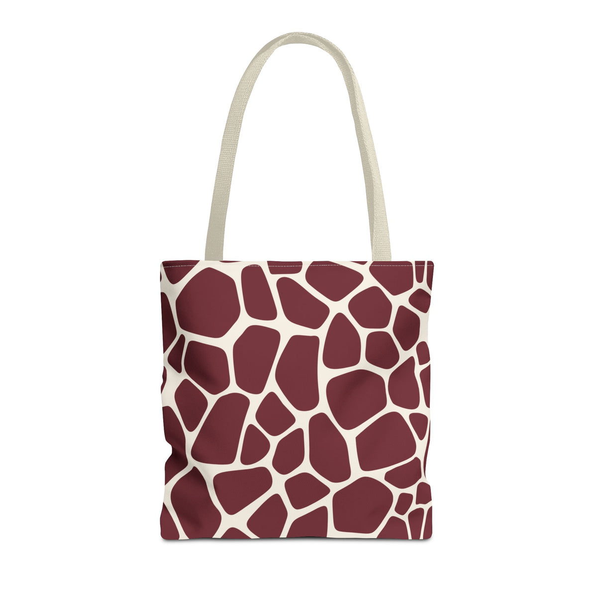 Burgundy Cream Giraffe Print Tote Bag with cream handles, front packshot
