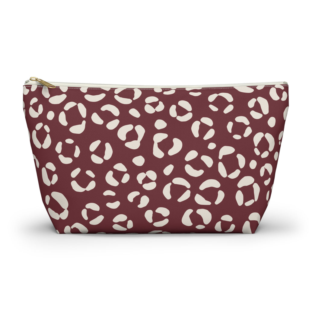 Burgundy Cream Leopard Print Makeup Bag with gold zipper, front packshot