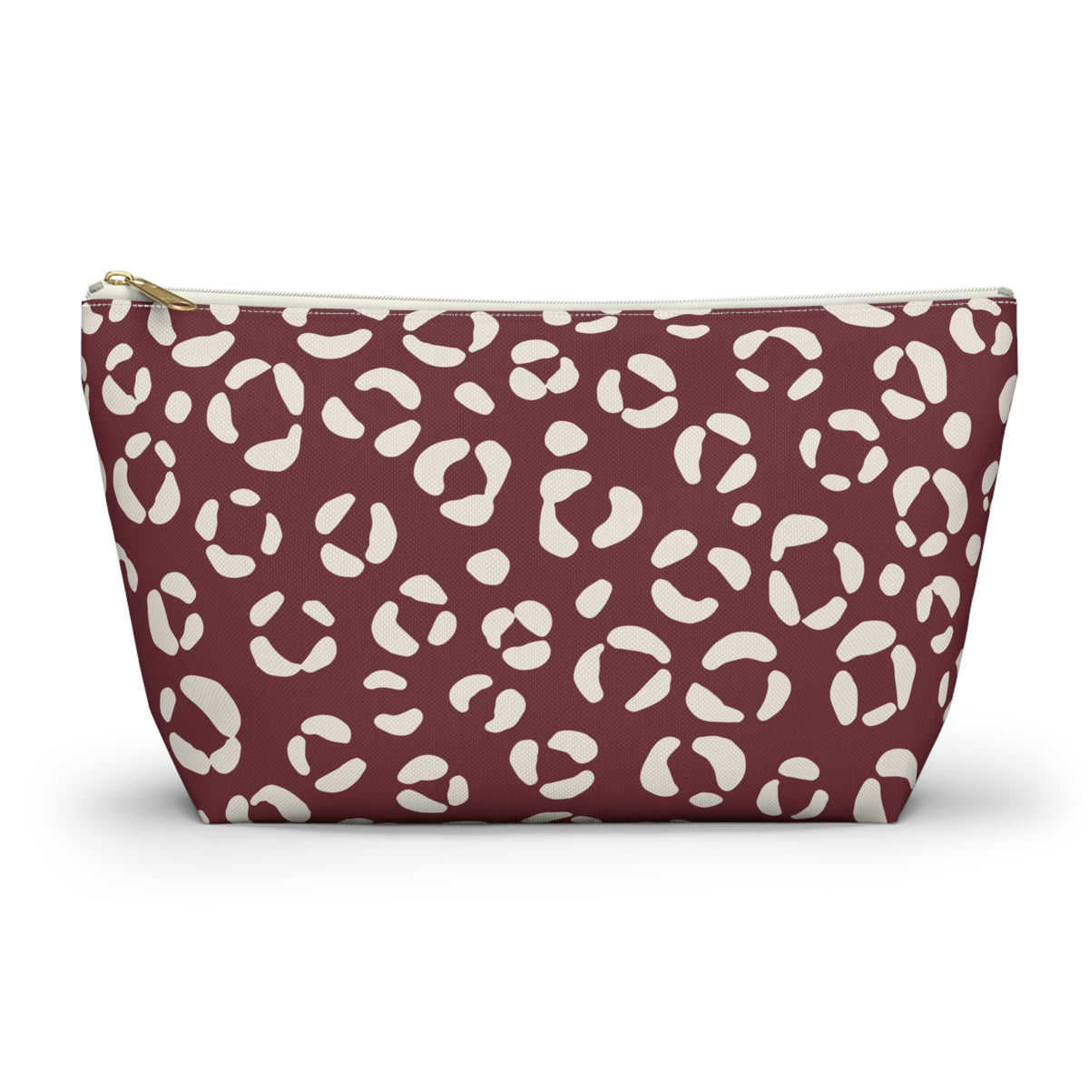 Burgundy Cream Leopard Print Makeup Bag with gold zipper, front packshot